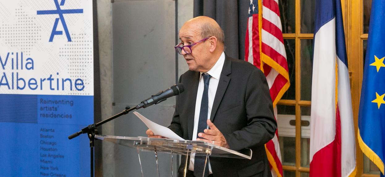 Minister for Europe and Foreign Affairs Jean-Yves Le Drian gives a speech at Villa Albertine headquarters in New York