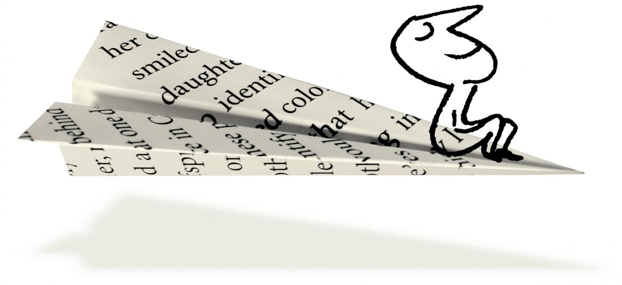 A man drawn, sitting on a paper plane