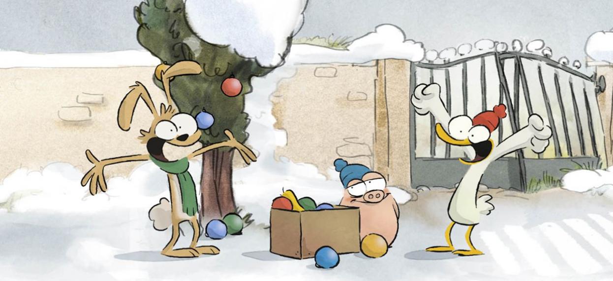 Farm animals in Winter getting ready for Christmas