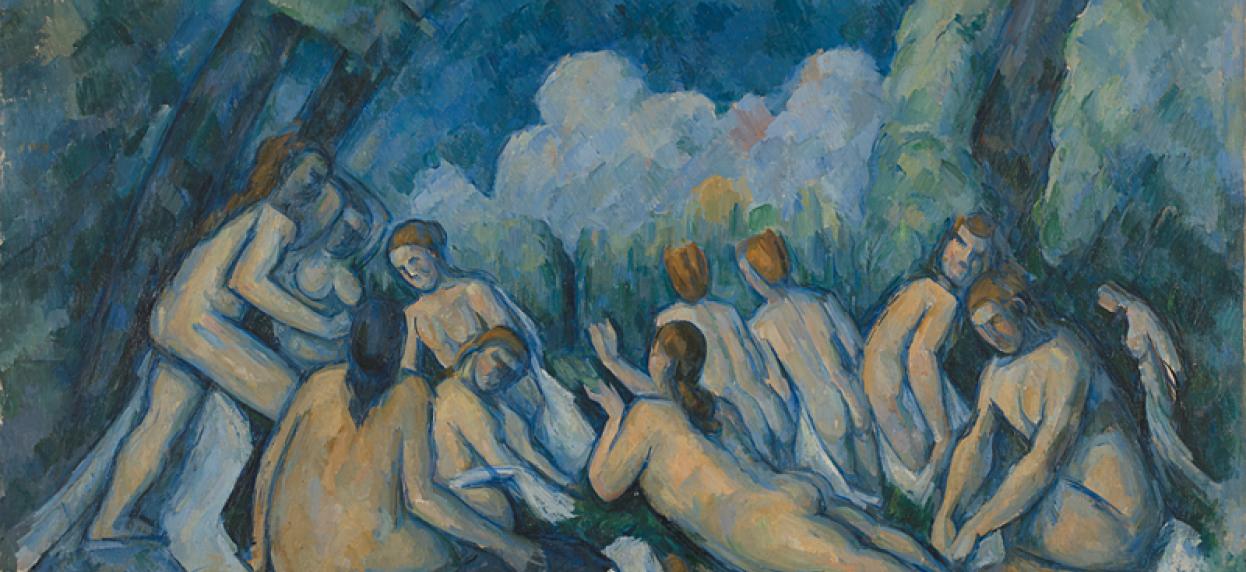 Peinture bleutée, sur un sable chaud 12 grandes baigneuses nues sont étendues et tournent le dos au spectateur.