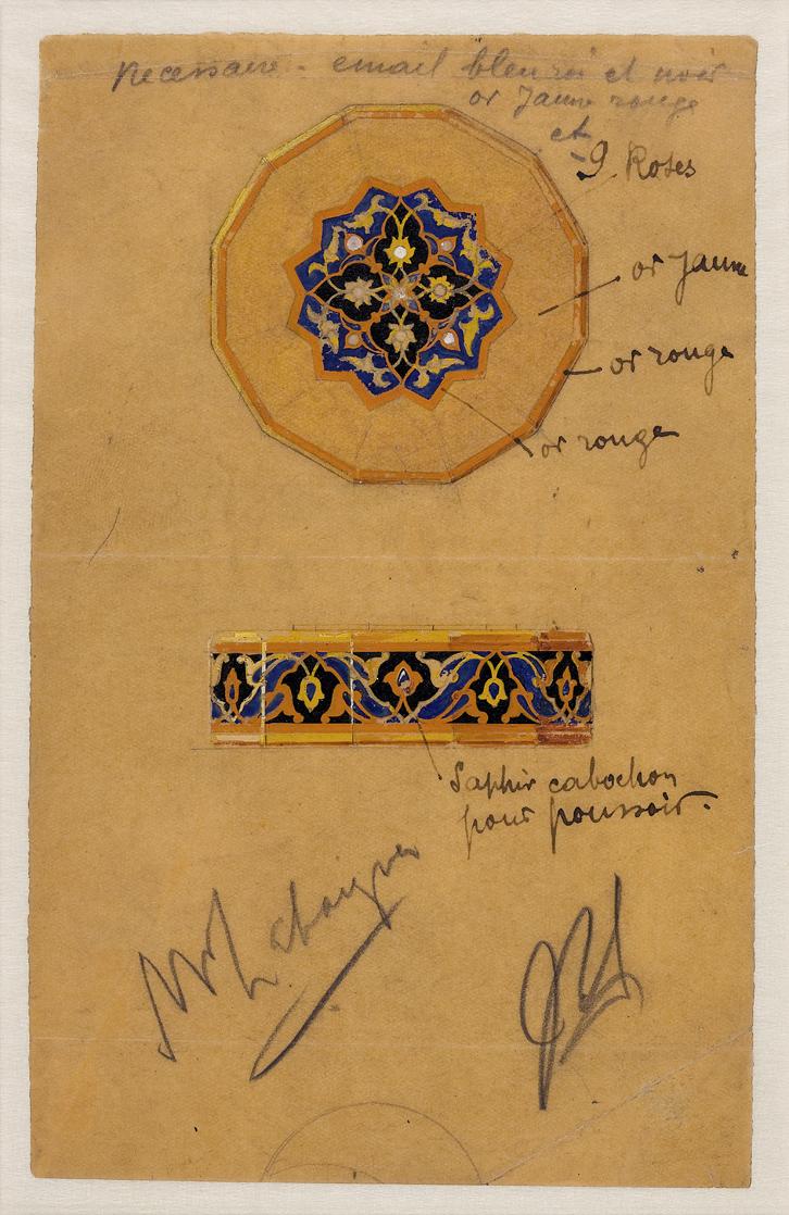 Esquisse pour un poudrier avec les dessins et écritures des joailliers de chez Cartier et les influences islamiques