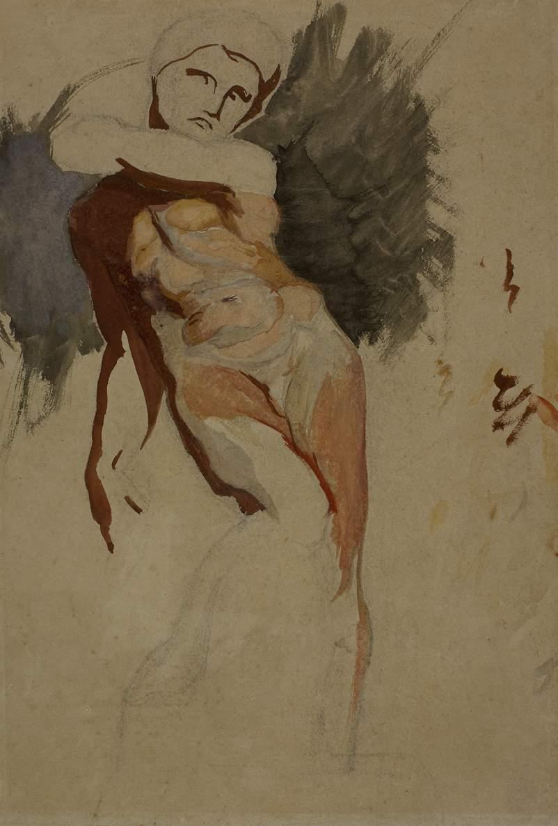 Apollon avec buste en torsion peint en aquarelle, son visage et ses jambes sont dessinées au charbon