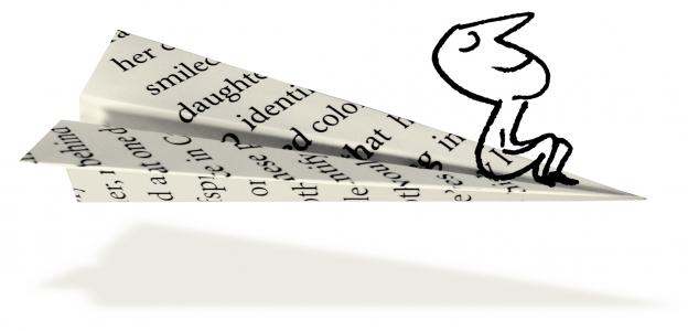 A man drawn, sitting on a paper plane