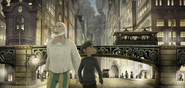 Two monkeys walking in a city (animated movie)