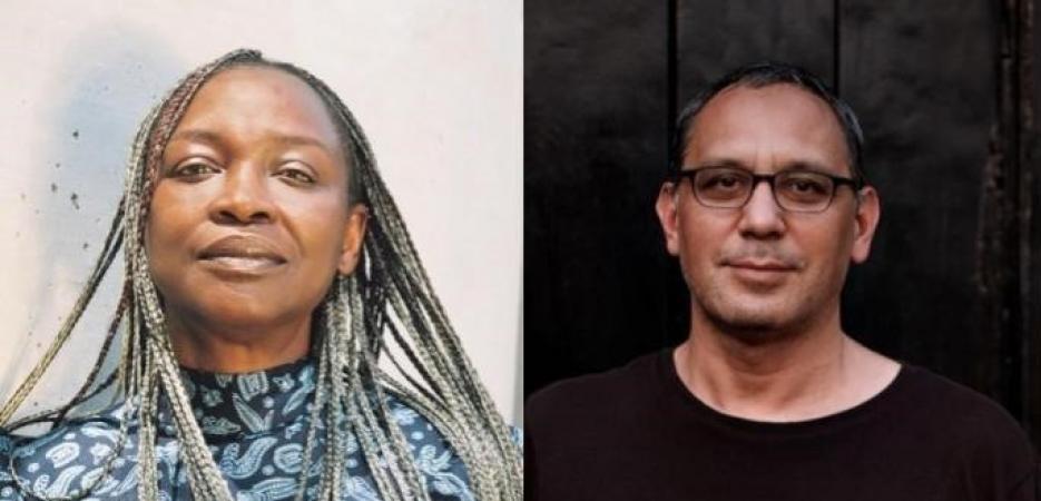 On the left is a photo of Koyo Kouoh in front of a white background, her hair in blonde, bown, and black braids. She wears a blue and white patterned turtleneck shirt. On the right, a photo of Siddhartha Mitter in front of a black background. He has short dark hair, glasses, and is wearing a black t-shirt.